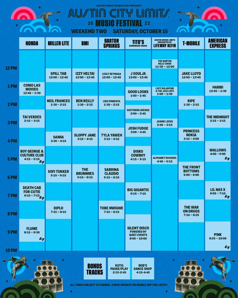 aclfestival's tweet photo. Here's your #ACLFest Saturday Schedule! Who are you seeing today? https://t.co/ghskEz9mWS
