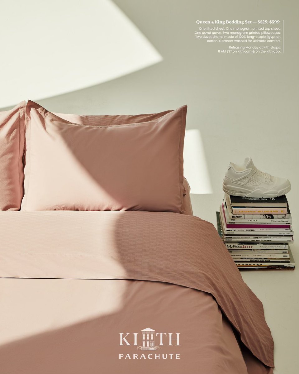 KITH's tweet photo. Kith for Parachute. Our first set of bedding using 100% long-staple Egyptian cotton percale that has been garment washed for ultimate comfort and executed in our color palette.

Releasing this Monday at Kith shops, 11AM EST on https://t.co/846RyI6u5S &amp; the Kith App. https://t.co/Q5jmDbB3mD