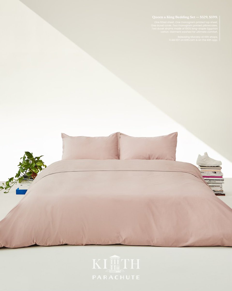 KITH's tweet photo. Kith for Parachute. Our first set of bedding using 100% long-staple Egyptian cotton percale that has been garment washed for ultimate comfort and executed in our color palette.

Releasing this Monday at Kith shops, 11AM EST on https://t.co/846RyI6u5S &amp; the Kith App. https://t.co/Q5jmDbB3mD