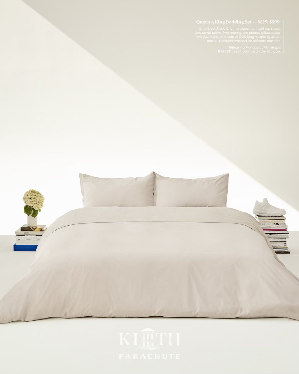 KITH's tweet photo. Kith for Parachute. Our first set of bedding using 100% long-staple Egyptian cotton percale that has been garment washed for ultimate comfort and executed in our color palette.

Releasing this Monday at Kith shops, 11AM EST on https://t.co/846RyI6u5S &amp; the Kith App. https://t.co/Q5jmDbB3mD