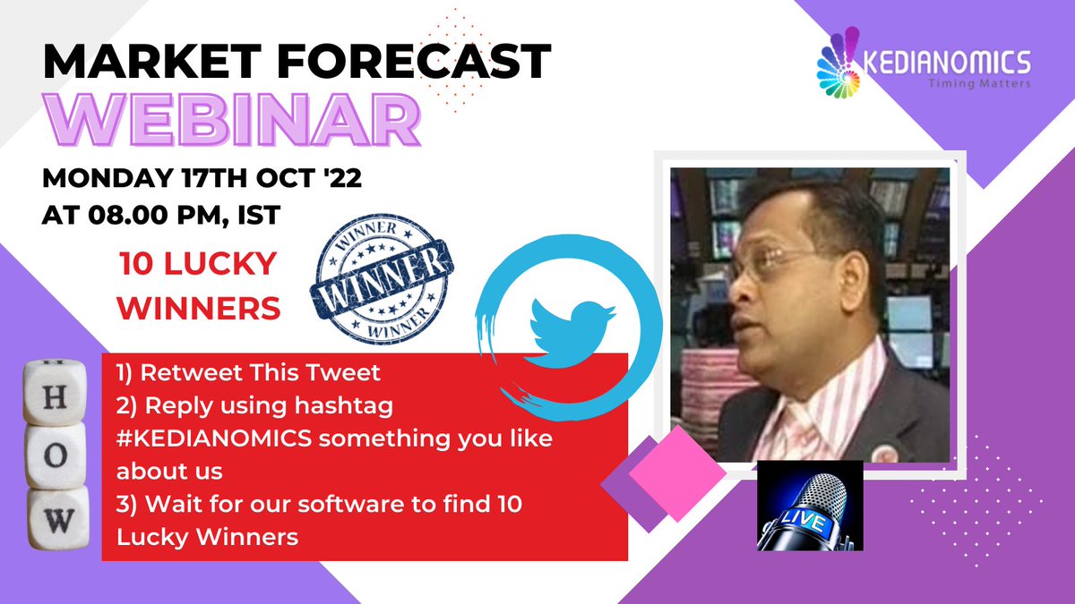 kedianomics's tweet photo. Lets play #Luck! 10 Lucky winners to get #ExclusiveInvite to our Weekly Market Forecast Webinar on Monday 17Oct22 8 pm.
To #Win: 
a) Retweet this tweet
b) Reply with #KEDIANOMICS &amp; something good you feel about us. 
c) Must have profile pic, at least 30 days ACTIVE old account https://t.co/jpAUWZrfhS