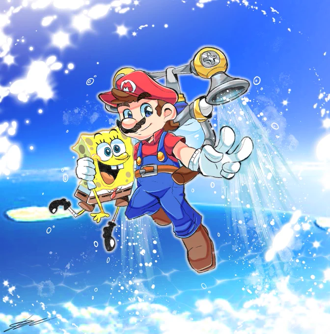 I know it's out of season, but I wanted to draw it.Mario(sunshine) &amp; Spongebob!! 