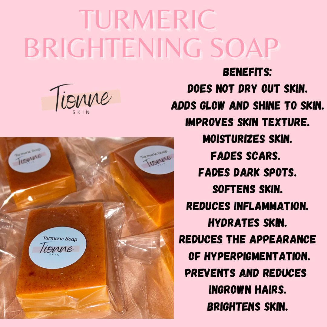 Need a product for acne, scars, discoloration, or hyperpigmentation? My Turmeric Soap is what you need!

It helps prevent and reduce acne and also reduces inflammation making it great for eczema, psoriasis and dermatitis 

It’s gentle, moisturizing and doesn’t dry out skin.