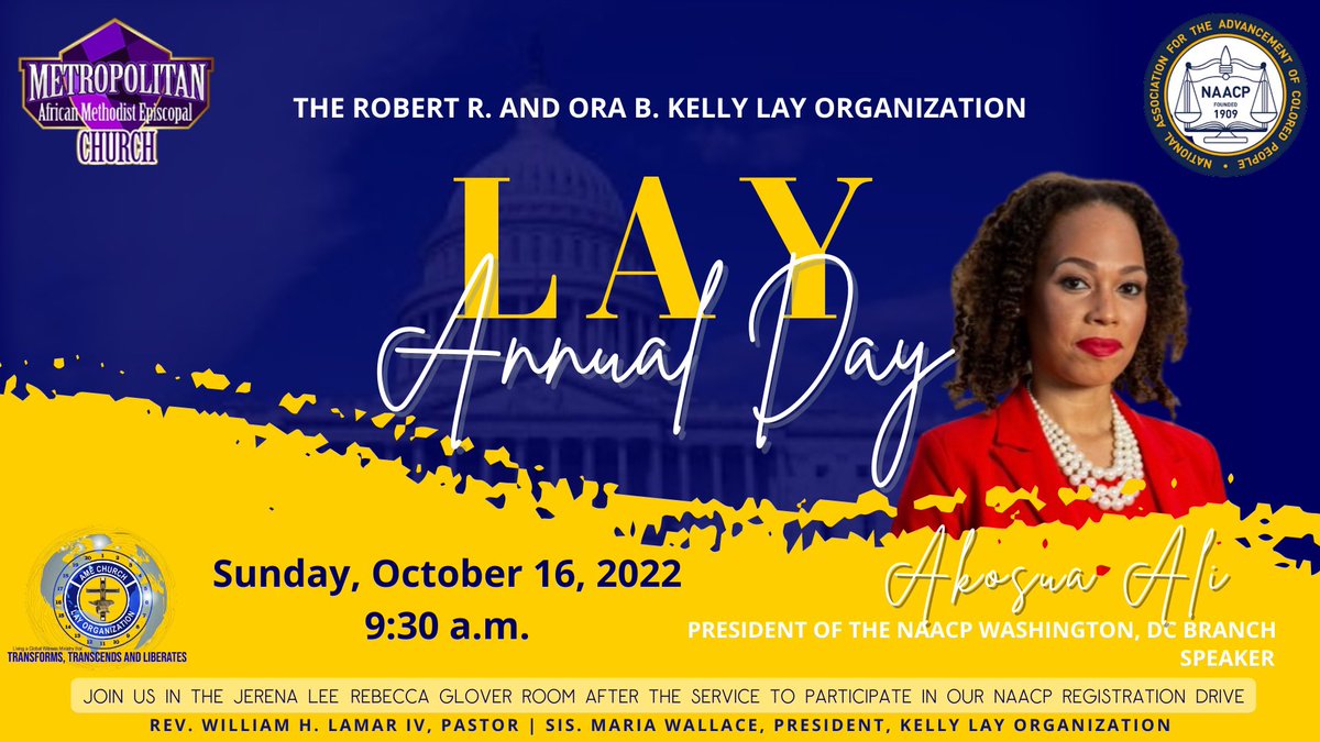 This Sunday, Oct. 16, we are celebrating Lay Annual Day with guest speaker @AkosuaTyus. The Robert R. and Ora B. Kelly Lay org. is the front line of the daily ministry at the workplace, in the home and within the community, Come help us honor their hard work at 9:30 a.m.