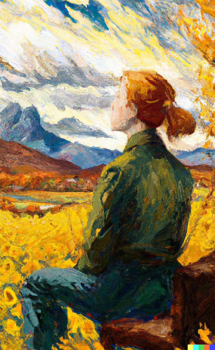 Gabri_Peretti's tweet photo. @OpenAI Dall-E: “a Van Gogh painting of a young woman looking at a mountain landscape in autumn, digital art”
(this AI image thing is pretty fun)
#AIart #aigenerated #OpenAI #dalle #dalle2 https://t.co/icVJJPv5zy