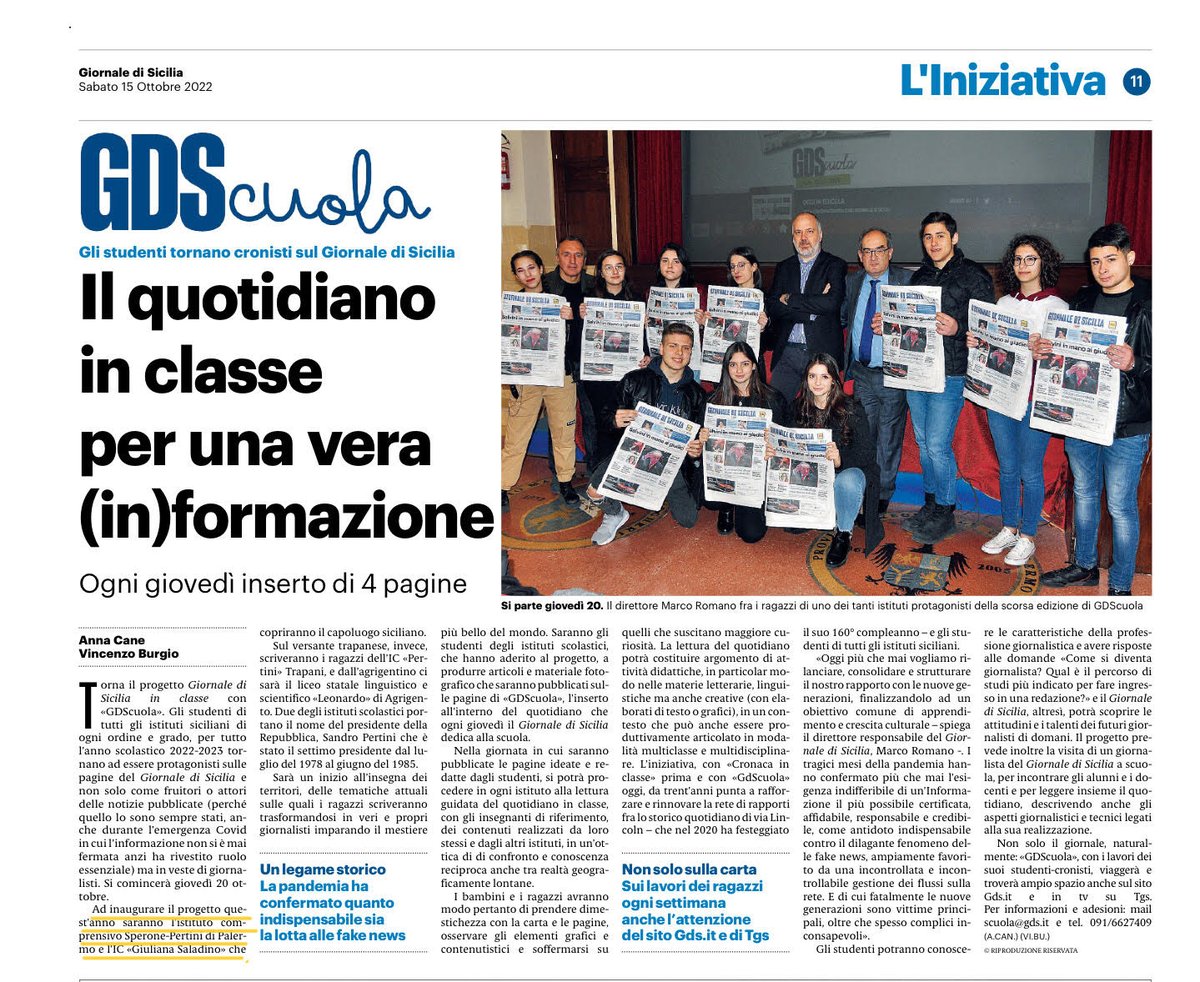 Torna il "<a href="/GDS_it/">Gds.it</a>  in classe". La <a href="/ScuolaSaladino/">I.C.GiulianaSaladino</a> sarà tra quelle che inizieranno il progetto. Appuntamento  in edicola Giovedì 20 ottobre e nello stesso giorno con le studentesse e gli studenti leggeremo il giornale in classe...