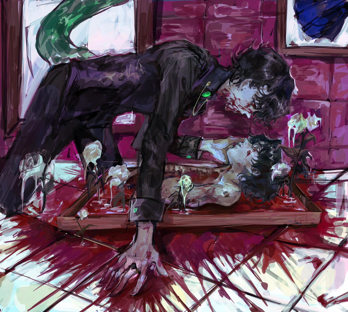 Harriet19701's tweet image. My Commission*
Painted by @yiqisi1 
Warning: Gore/Blood/implied violence
“愛しい貴方はただ そっと冷たくなって，
腕の中で壊れながら ほら夢の淵で呼んでる。”
#tomarry #tmrhp #tomriddle 
tomarry sends my love😊