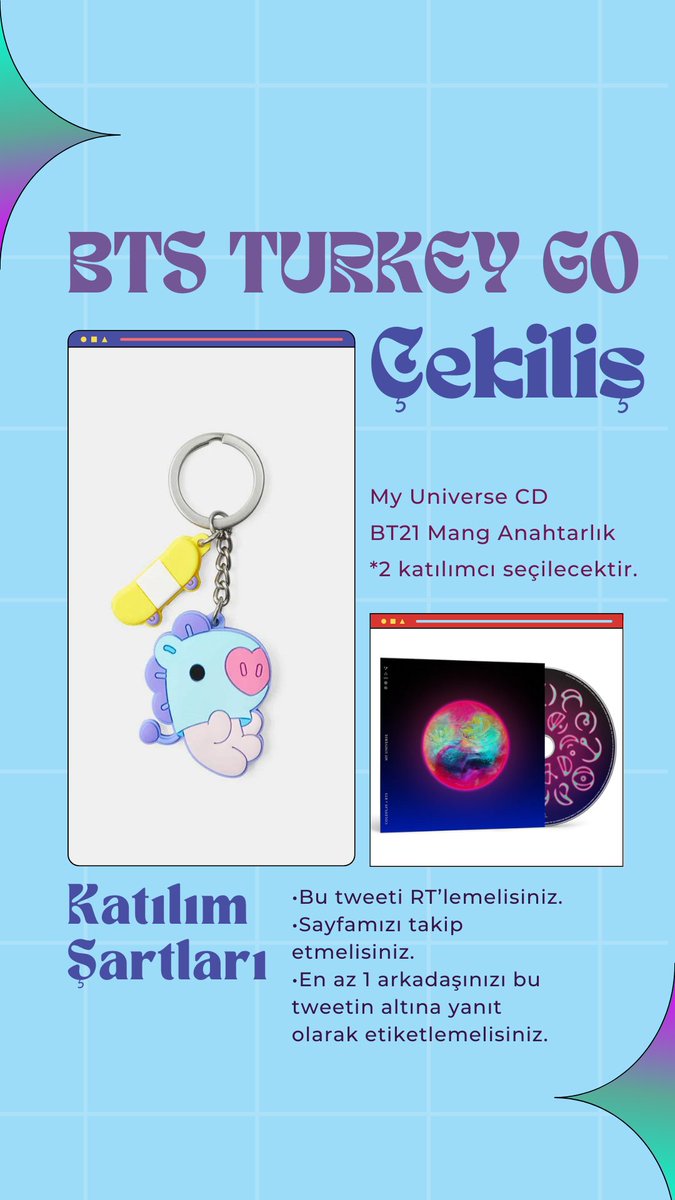 btsturkeygo's tweet photo. 💿BTS TURKEY G.O ÇEKİLİŞİ🦄

BTS'in uzun zaman sonra gerçekleşen konseri ve geri dönüşümüzü kutlamak için mini bir çekiliş yapmak istedik. Şartları sağlayan 1 kişiye My Universe CD, diğer 1 kişiye de BT21 Mang Anahtarlık hediye edeceğiz!💜

Herkese bol şans!🍀🌈
#YetToComeinBUSAN https://t.co/mewkHZ90qt