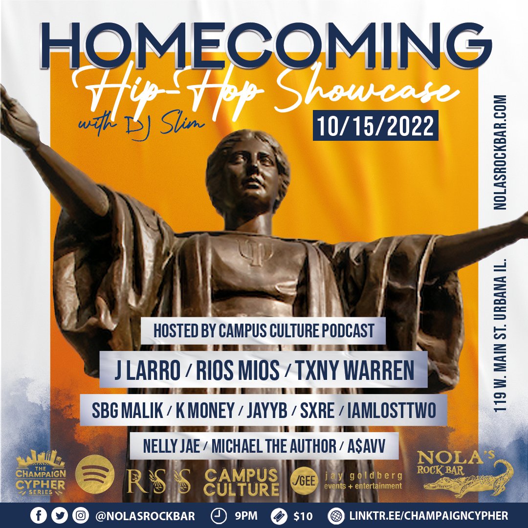 🔸🔹 Tonight is the night! CU and Campus collide for a night of rap in downtown Urbana. Hosted by <a href="/campuscultureIL/">Campus Culture University of Illinois</a>. Spins from Dj Slim. Only $10, music starts at 10 and 18+ to enter!

➡ bit.ly/NOLAs_Homecomi…