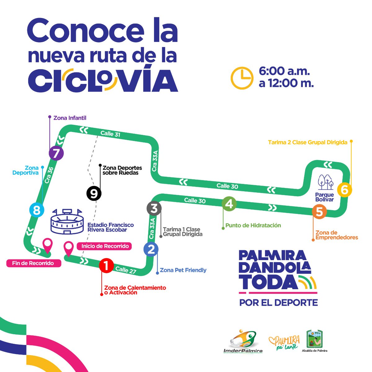 SoyOscarEscobar's tweet photo. Mañana domingo 16 de octubre regresa la ciclovía y va a estar buenísima: tiene un recorrido de 3 km y más de 8 zonas de experiencia para vivir con amigos y en familia. Recuerden que empieza a las 6:00 a.m. y termina a las 12:00 m. ¡Disfrútenla!

#PalmiraDándolaTodaPorElDeporte https://t.co/MKgBSgU9bQ