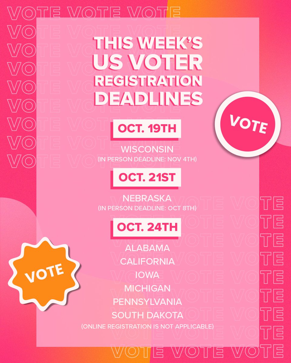 Tinder's tweet photo. Have you registered to vote yet? Here are this week's voter registration deadlines. Check all requirements for your state at https://t.co/H4VehZ9dB8! #VotingIsHot🔥 https://t.co/KrqQvddGXU