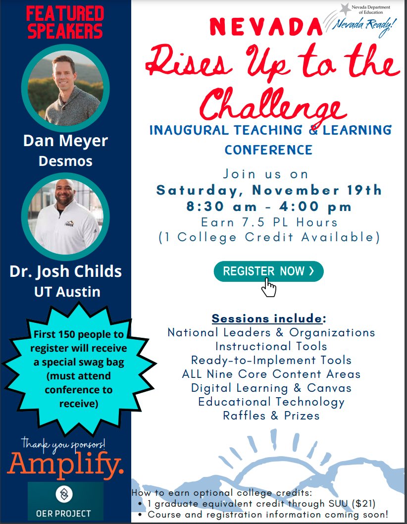 @NevadaReady is holding its first Teaching & Learning Conference on Saturday, November 19, 2022.  This is a free conference. You can earn 7.5 Professional Learning hours or there is an option for 1 College Credit through SUU. Register at bit.ly/NVTEACHLEARNCO… #nvdlc #nved