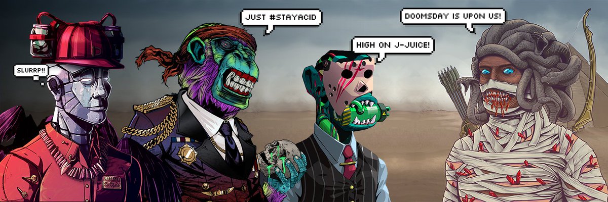 Bambatrono's tweet photo. #NewTwitterBanner

Featuring some of my favourite projects/art. 
[From left to right]
1. @Bad_trip_mask x @MickeyDegods x @GuzzlerDao #MickeyBTM
2. @AcidMonkeys #stayacid 
3. @Primatesnft #JNGL 
4. @DoomsdayMummies #StayPrepped 

@MagicEden is the doomsday upon us #SolanaNFTs? https://t.co/vqbUsiWlw3