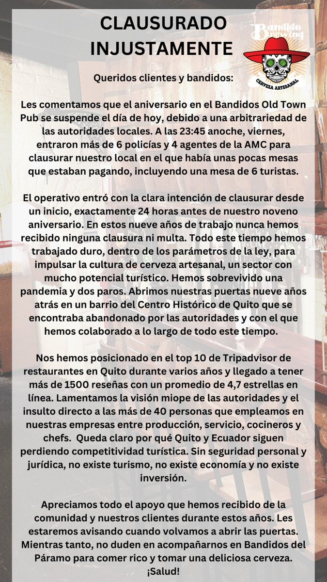 BandidoBrewing's tweet photo. ¡ANUNCIO! Ayer fuimos clausurados injustificadamente por la @amcquito . Atención
@TurismoEc @MunicipioQuito @santiguarderas @TurismoEc @Produccion_Ecu @babadmerchan @AsoCervEc @ECRestaurantes @teleamazonasec @ecuavisa https://t.co/fYOFHDBXiz