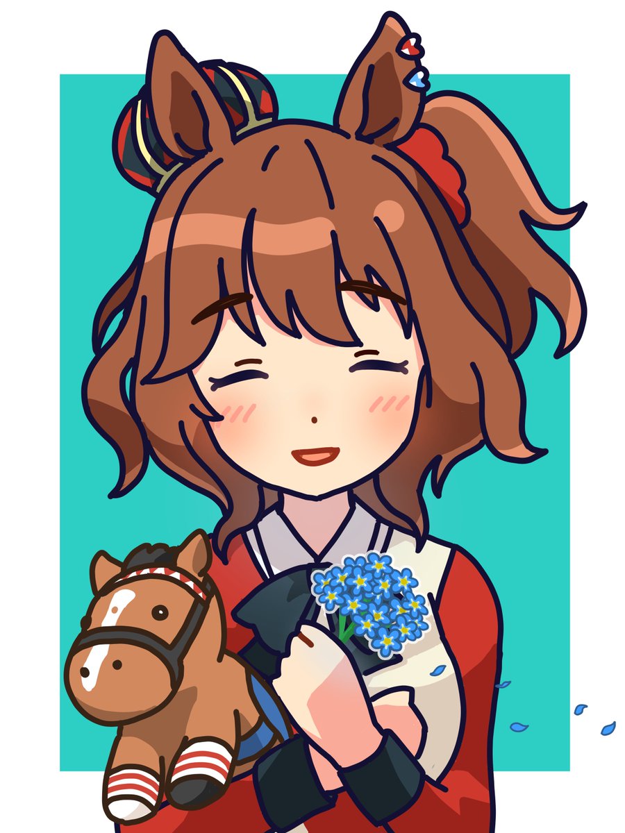 1girl animal ears horse ears closed eyes brown hair holding flower  illustration images