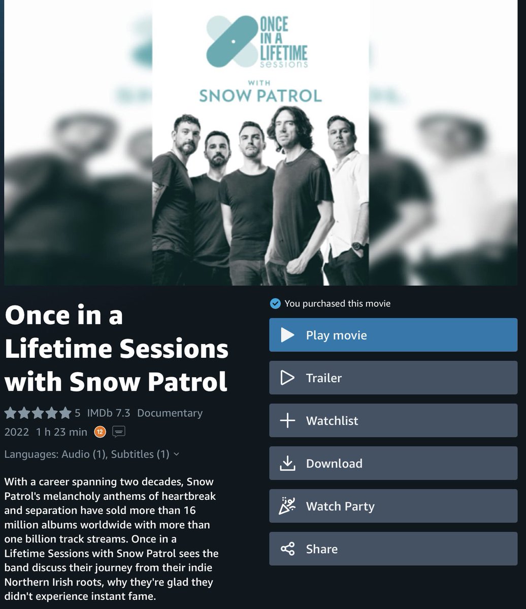 This is a great documentary on <a href="/PrimeVideo/">Prime Video</a> ‘Once in a Lifetime Sessions with <a href="/snowpatrol/">Snow Patrol</a> ‘ … great work <a href="/edibow/">edith bowman</a>