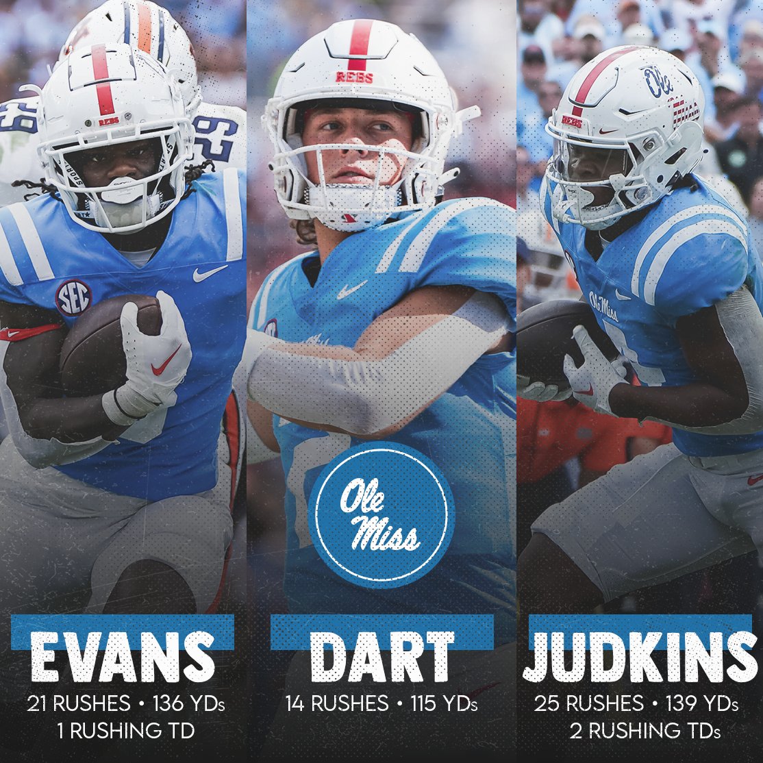 SEC's tweet photo. 👀 @OleMissFB rushed for 𝟒𝟒𝟖 𝐲𝐚𝐫𝐝𝐬...

and had THREE 100-YD rushers today.

#SECFB https://t.co/SpgTFpEz4N