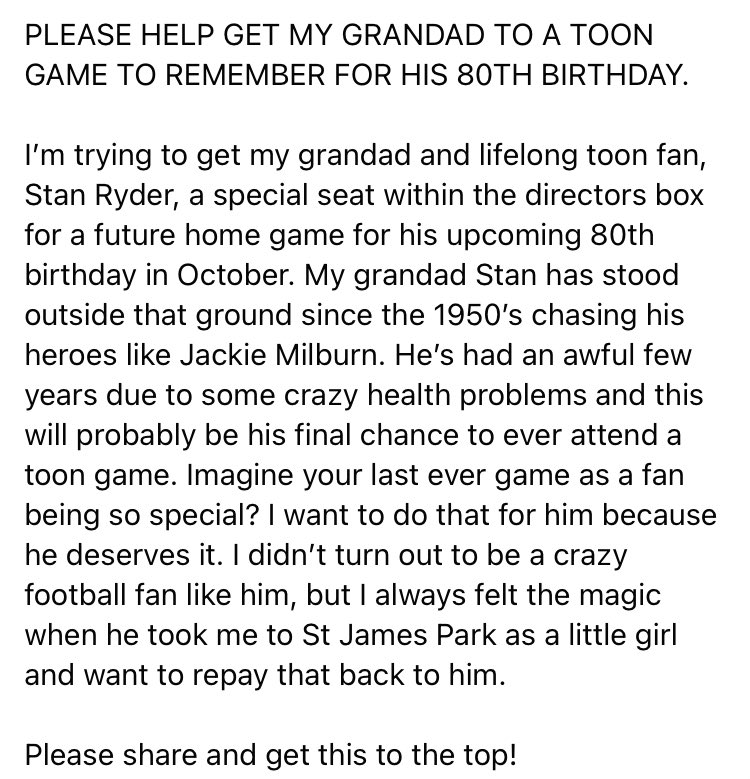 natashaeunice_'s tweet photo. CAN YOU HELP ME GET MY GRANDAD TO A TOON GAME TO REMEMBER FOR HIS 80TH BIRTHDAY!? 

#nufc #NUFC #NewcastleUnited #toonfan #toonarmy @ChronicleNUFC @NUFC @NUFCTheMag @NUFCFansUtd @nufctrust @ghodoussi @jamiereuben @alanshearer @PeteGravesTV @antanddec @brunoog97 https://t.co/83dgGgLkQu