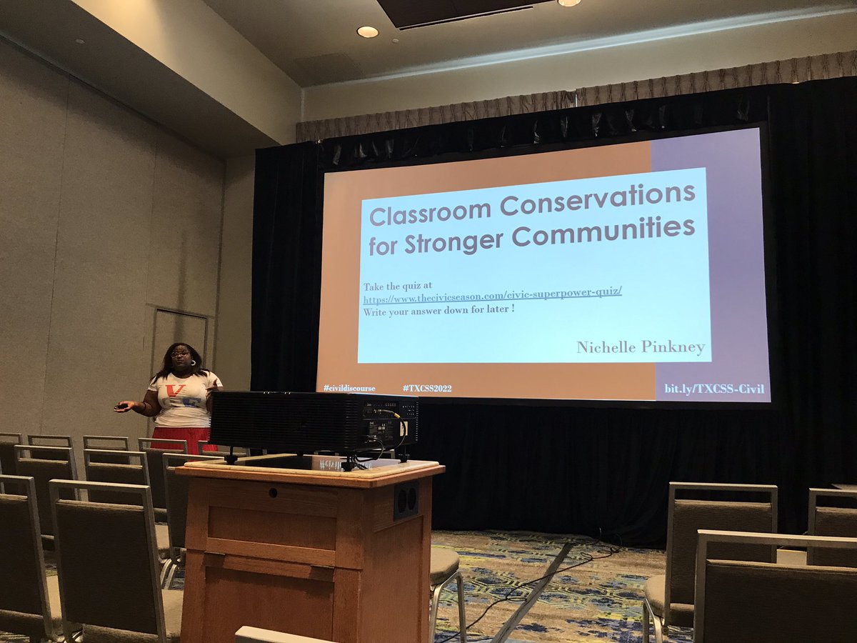 michelle_neyrey's tweet image. #civildiscourse #TXCSS2022 Nichelle did a great with this presentation.  Learned so much.  She has written the book Civil Discourse: Classroom Conversations for Stronger Communities with Joe Schmidt.
