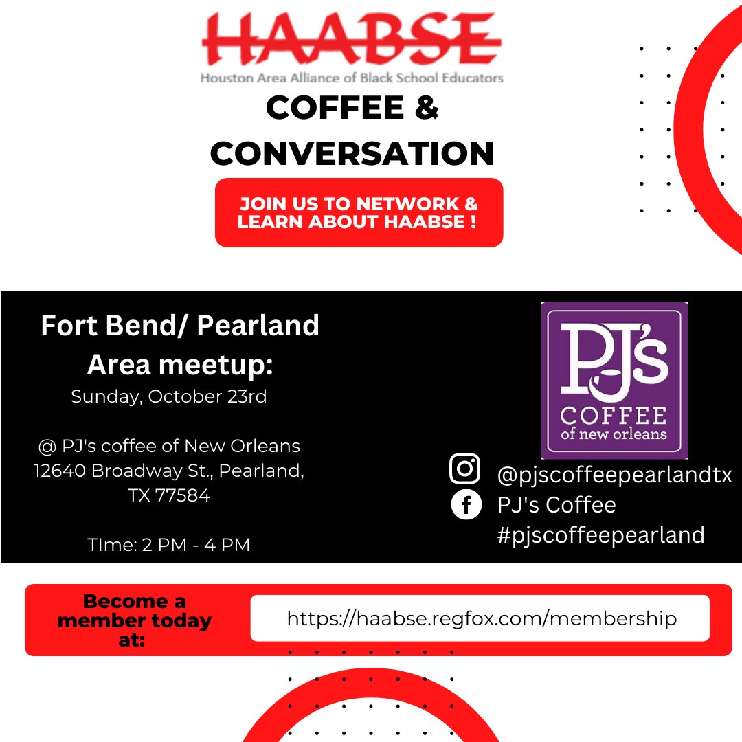 thepolisheedu's tweet image. Have you heard the news? 👀 

PJ’s Coffee in Pearland, TX has partnered with @HAABSE3 for one of our area Coffee &amp;amp; Conversation events next Sunday, 10/23! 

To sweeten the deal- they are offering 15% off in-store coffee purchases during the event! #pjscoffee 

See you then!