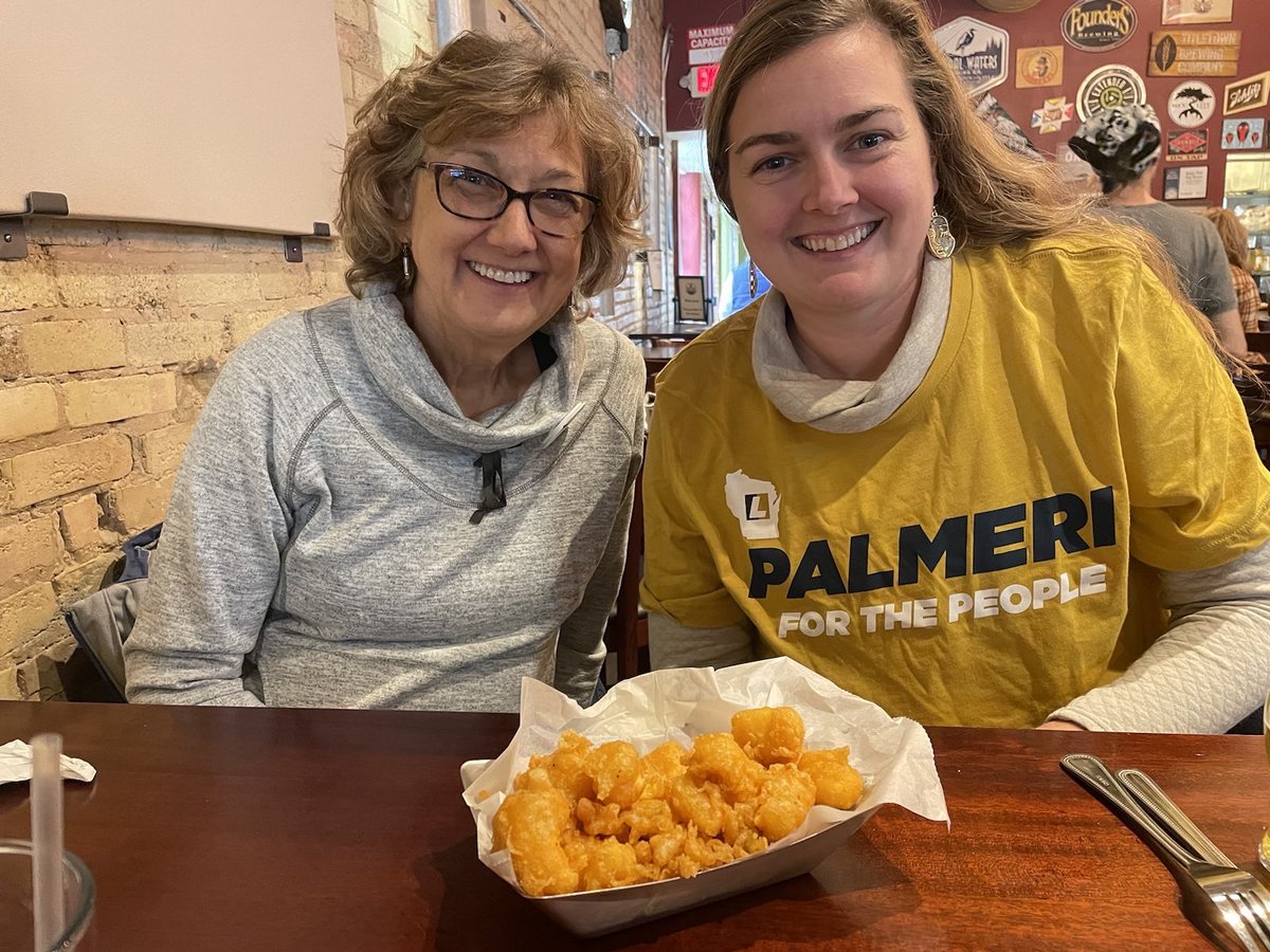 WIAssemblyDems's tweet photo. We can’t think of a better way to celebrate #NationalCheeseCurdDay than by enjoying Wisconsin’s favorite snack after a morning of door knocking in Oshkosh for @PalmeriFor54th 🧀🧀 https://t.co/y5uUqbZMrA