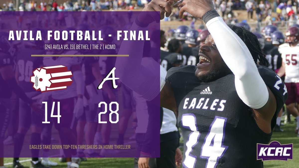 Avila_Athletics's tweet photo. A Thresher takedown. 

#24 AUFB earns an #NAIAFootball Top Ten win by beating #9 Bethel 28-14 at The Z, and the Eagles' path to another #KCACFB championship is as clear as ever. 

#EagleEmpire | #LLJB https://t.co/LXeFsFU1ml