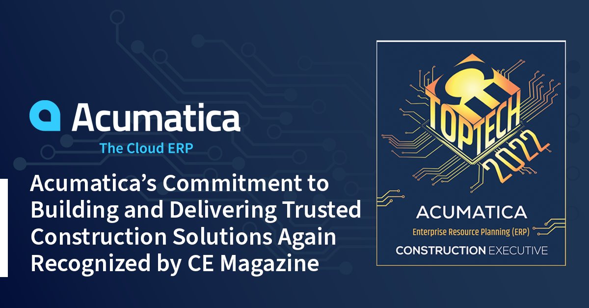 Acumatica's tweet photo. "Repeating this honor in 2022 in the industry’s leading trade magazine confirms that we are truly addressing the needs of today’s construction firm."

Read on: https://t.co/Ccjlf2MJBu @ConstructionMag #constructiontech https://t.co/pioVgnhKj1