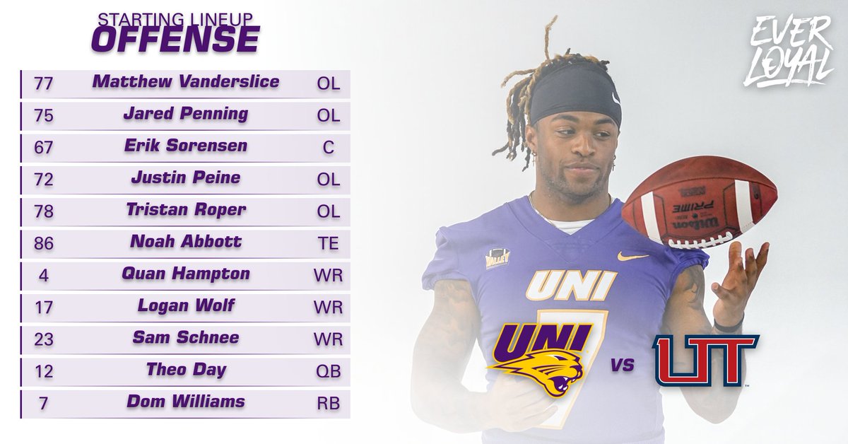 UNIFootball's tweet image. Introducing today's starting line up offense presented by @CFUNews. Get connected to the power of service! (enter to returns here) #EverLoyal