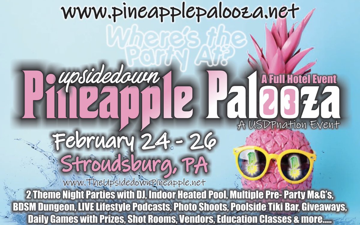 LIVEwithUSDP's tweet photo. Clubs, lifestyle groups &amp; businesses, getting involved by the day. Get ur club, group, podcast or company involved in the Upsidedown Pineapple Palooza 2023. Email us for info at USDPnation@gmail.com  Secure ur room at https://t.co/QI2pCtHPRP #swingerparties https://t.co/GrNxIXQYOy