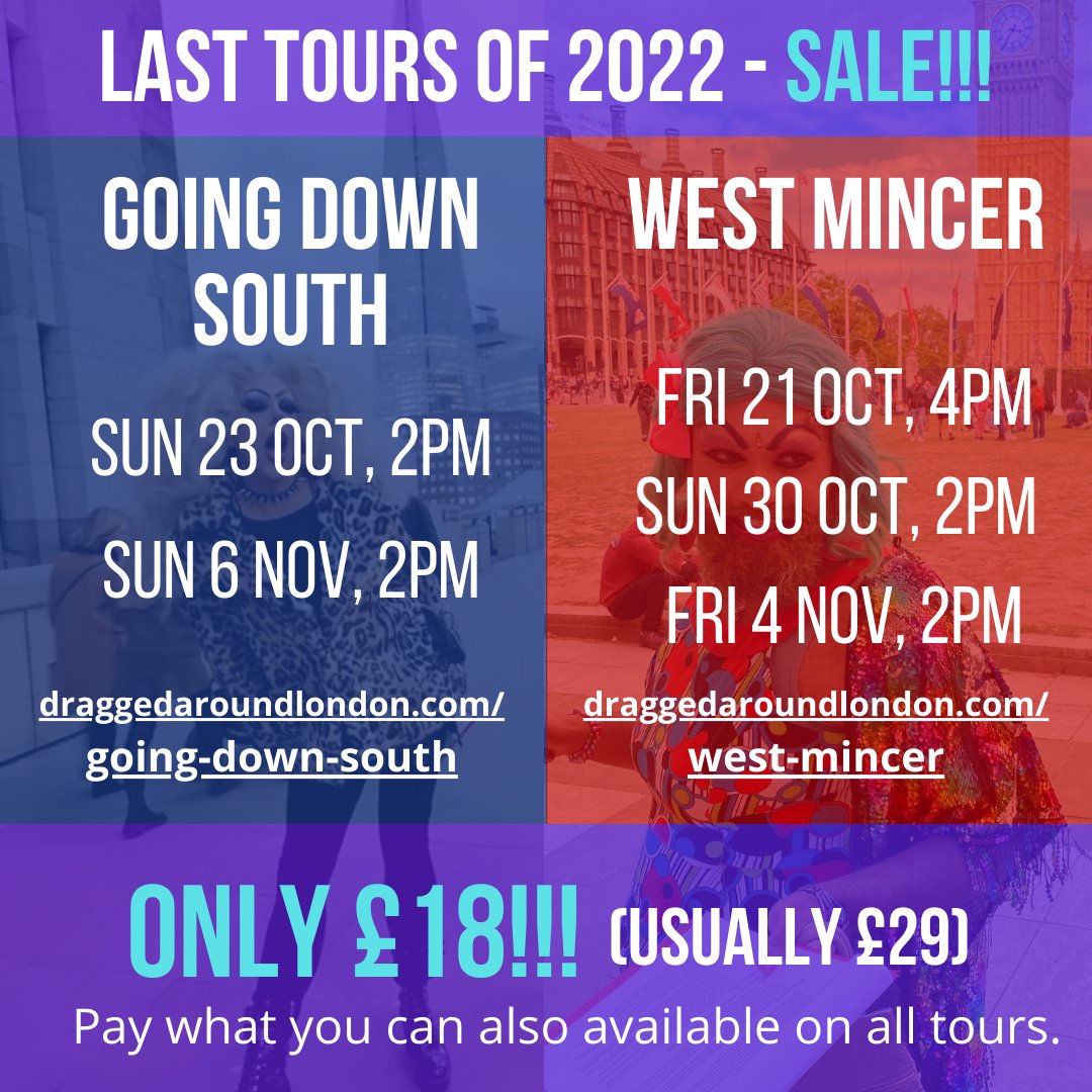 Winter is most assuredly coming, but we're squeezing in a few last tours – and we're doing them at a special reduced rate! Don't miss out and have to pay more next year! 😜
draggedaroundlondon.com/west-mincer
21 Oct, 4pm
30 Oct, 2pm
4 Nov, 2pm
draggedaroundlondon.com/going-down-sou…
21 Oct, 2pm 
6 Nov, 2pm