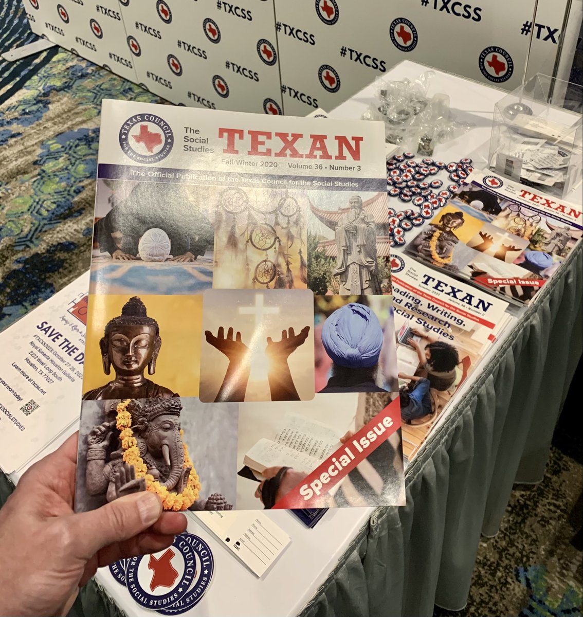 ReligionMatter5's tweet photo. Volunteering at @TxSocialStudies booth today. Impressed with the #TXCSS2020 swag, including a special issue of Texan on #religiousliteracy! Like to see folks from my session this AM especially stop by! Eagle II #sschat https://t.co/8csOBwUnQr