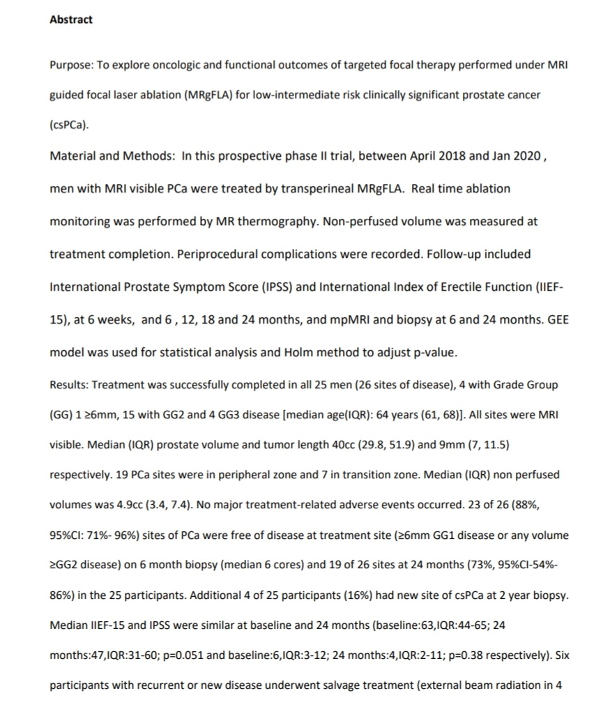 Deejjvviid's tweet photo. Conclusions: Targeted focal therapy of intermediate-risk prostate cancer performed under MRgFLA is 
safe with encouraging 2 year oncological and functional outcomes.

#prostatecancer #urology #radiology #laser #ablation #iMRI2022 #TRANBERG #CLS $CLSb https://t.co/NLTRoKQZdv
