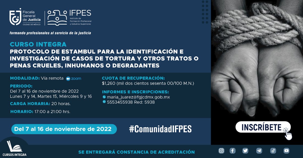 IFP_CDMX's tweet photo. 👉🏻Inscríbete al #CursoIntegra
“Protocolo de Estambul para la Identificación e Investigación de Casos de Tortura y otros Tratos o Penas Crueles, Inhumanos o Degradantes”
Más información 👇🏼
🔗https://t.co/w7KM8cAPBZ https://t.co/iNyDwcBqnA