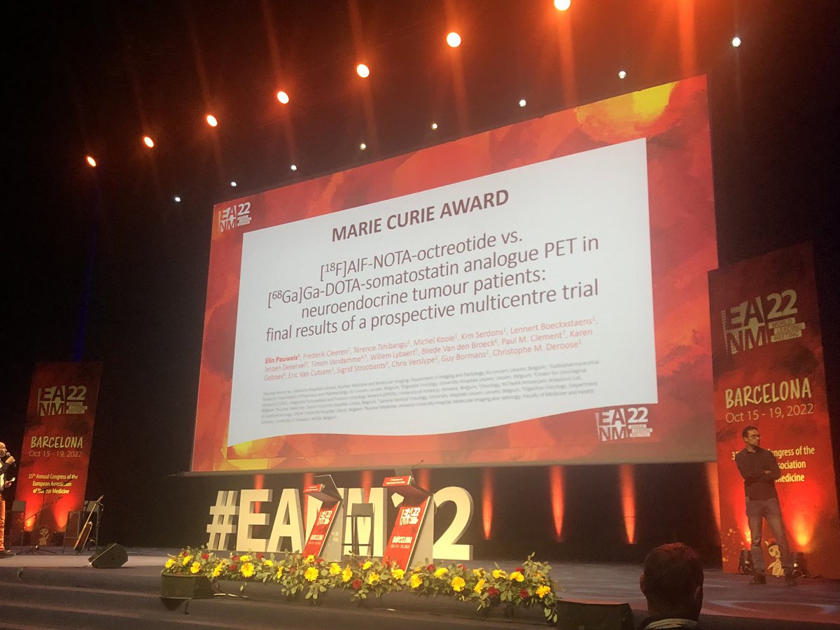 deroose_c's tweet photo. So grateful and proud to see my PhD student Elin Pauwels receive the Marie Curie award at #EANM22. Best scientific abstract out of >1500 accepted ones. Thx to entire study team. Great motivation to get Al18F-Oc reimbursed for SSTR PET. @officialEANM, @UZLeuven, @komop_tgkanker https://t.co/SDw7oKL1eJ