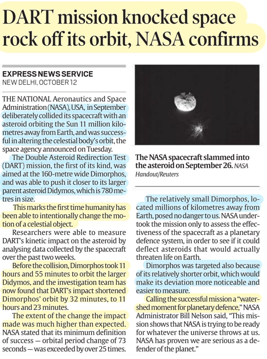 imRavikantYadav's tweet photo. All abt #DART mission
*Smash Hit
NASA's DART gives hope-science can ward off extra terrestrial threats
* #dart mission knocked space rock off its orbit, alters its trajectory, @NASA confirms

Source:@the_hindu @IndianExpress

#KineticImpactor
#Didymos #dimorphos 
#Space 

#UPSC https://t.co/zDwERUMAHy