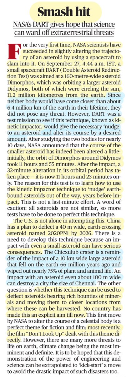 imRavikantYadav's tweet photo. All abt #DART mission
*Smash Hit
NASA's DART gives hope-science can ward off extra terrestrial threats
* #dart mission knocked space rock off its orbit, alters its trajectory, @NASA confirms

Source:@the_hindu @IndianExpress

#KineticImpactor
#Didymos #dimorphos 
#Space 

#UPSC https://t.co/zDwERUMAHy