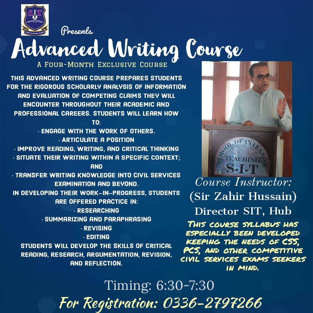 SIT_language's tweet photo. SIT offers admissions for Advanced Writing Course under the supervision of Sir Zahir.
This course prepares students for the rigorous scholarly analysis of information & evaluation of competing claims they will encounter throughout their academic & professional careers.
#SITHub https://t.co/bruPq9X2SM