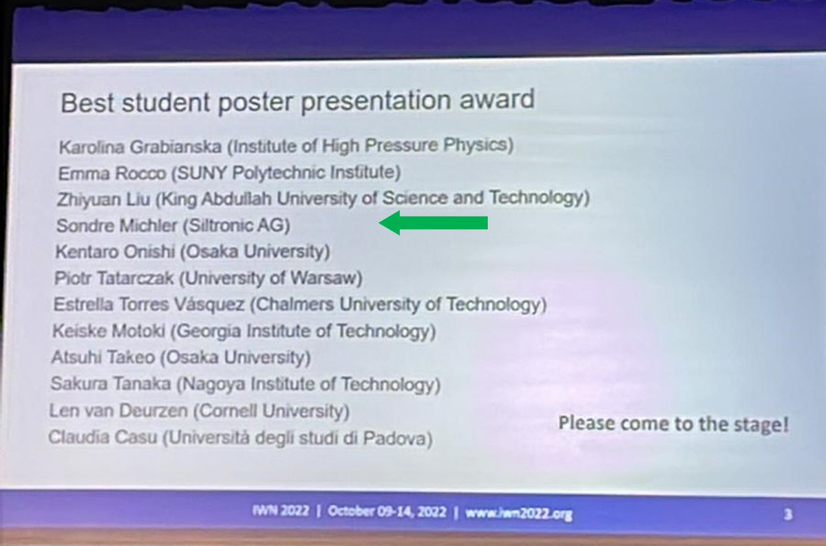 YESvGaN's tweet photo. Congratulations to our PhD student Sondre Michler (#Siltronic) for winning a best student poster presentation award during his very first conference at #IWN2022! #YESvGaN https://t.co/DHsmfQPBPN