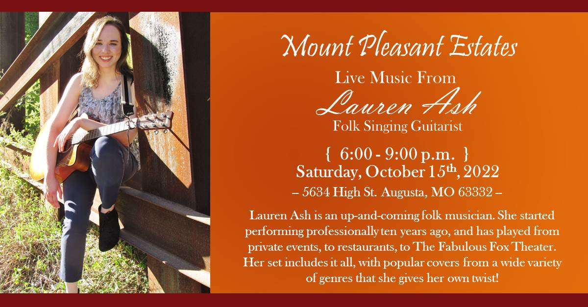 MusicLaurenAsh's tweet photo. Playing tonight from 5:00-8:00 p.m.
A relaxing Saturday evening outdoors sipping wine and listening to some live music.
Sounds good to me! 😄
See ya tonight at Mount Pleasant Estates!
Facebook Event - https://t.co/1jfg9mNlal
#livemusic #mountpleasantestates #augustamo #winery https://t.co/y4VHzPUEzq