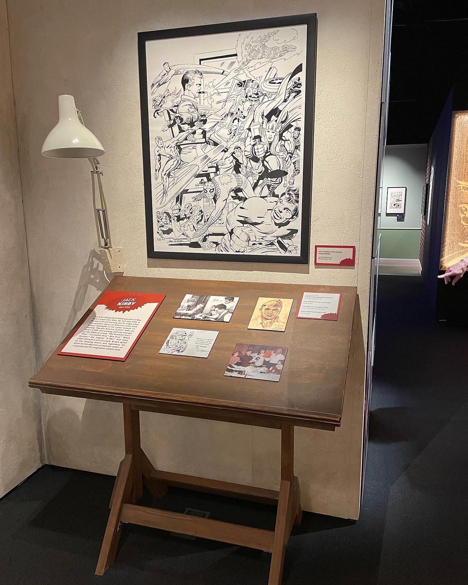 JimMahfood's tweet photo. It’s not everyday you get to see Jack Kirby’s actual drawing table. Man. If the Marvel Universe Of Super Heroes exhibit makes it your town, I would highly recommend going. The original art they’ve curated is off the hook! Hot damn. 
#omsi #marvel #jackkirby #exhibit #jimmahfood https://t.co/ymz5Di2PdP