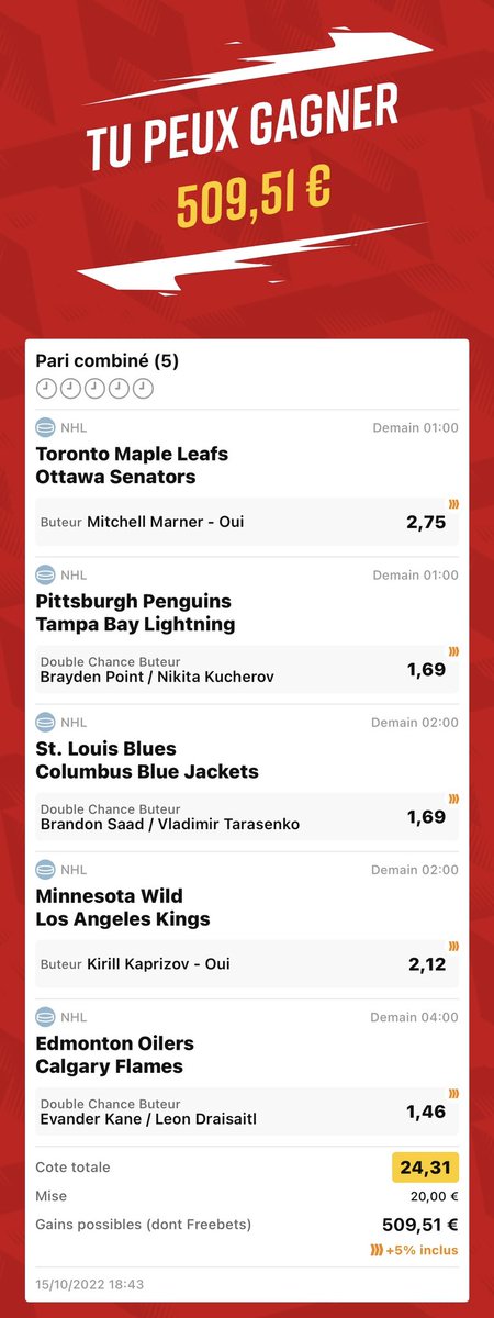 BenssBetting's tweet photo. #NHL🏒🇺🇸
Jackpot TFB🍀
20€➡️509€📈
❤️si tu suis #TeamParieur #TeamTFB #NHL https://t.co/8KHPlEFq7b