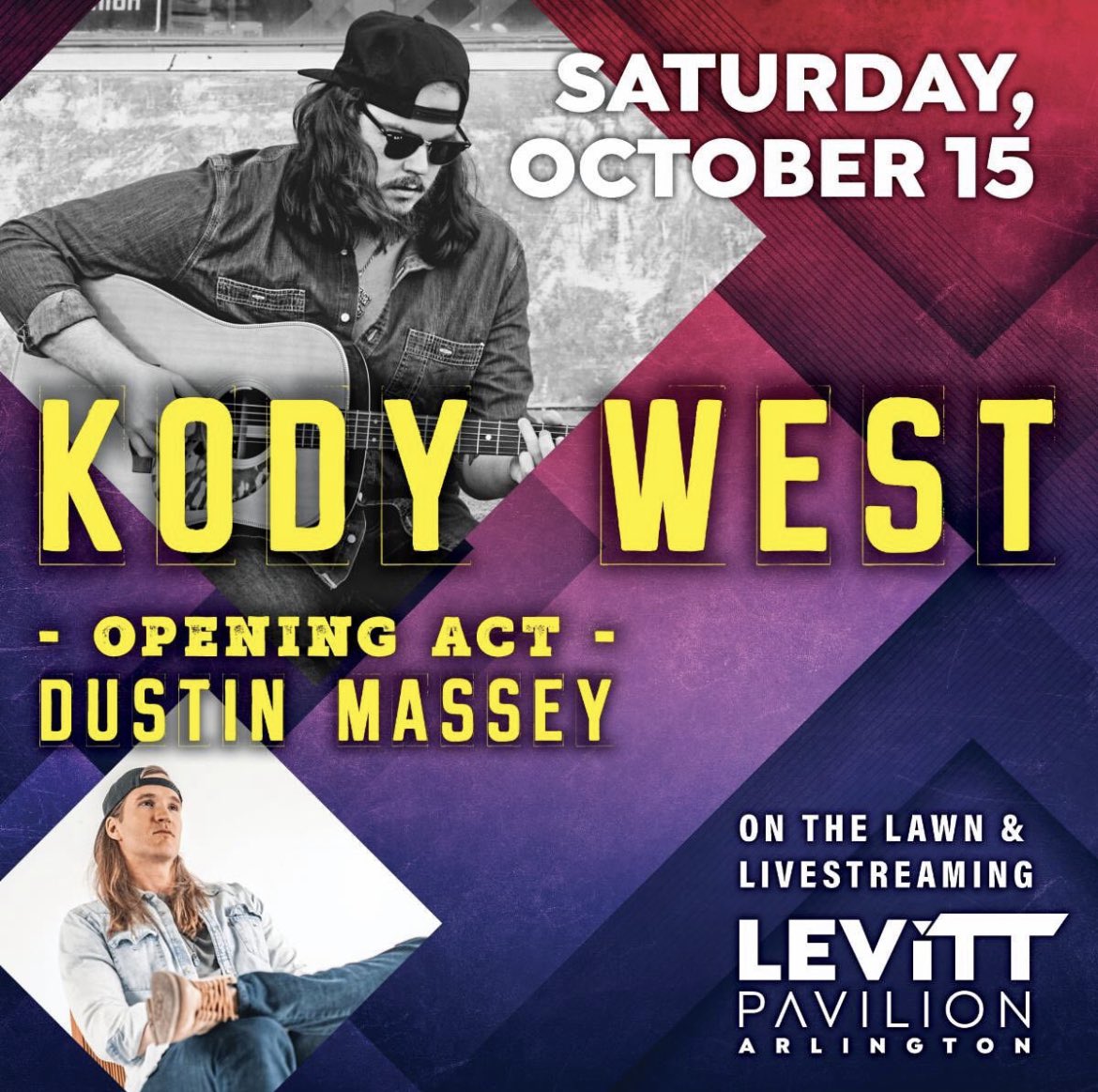 LevittArlington's tweet image. TONIGHT! Last free concert of the season! Don’t miss @KodyWest and @DustinMassey_ perform an amazing show as we close our our amazing free concert series! See y’all there! #levittarlington #lovethelevitt #concertwithacause