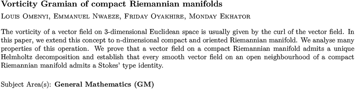 arxiv.org/abs/2210.06552…
L Omenyi et. al.
Vorticity Gramian of compact Riemannian manifolds