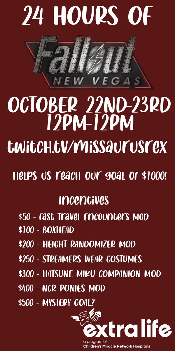 ❣️STREAM EVENT!❣️

Every year my friends &amp; I do a 24 hour livestream for Extralife! This year we're playing Fallout New Vegas⚡️

BE THERE!! HELP US REACH OUR $1000 GOAL!!
October 22nd 12pm - October 23rd 12pm

🔗:extra-life.org/index.cfm?fuse…