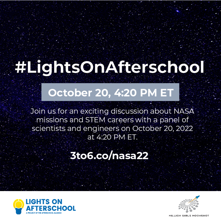 🚀 All your NASA mission &amp; career questions answered! Join us, <a href="/afterschool4all/">Afterschool Alliance</a> and <a href="/NASA/">NASA</a>, for a special #LightsOnAfterschool event celebrating STEM! Chat with a panel of <a href="/NASA/">NASA</a> role models and a hear a special message from surprise guest Keke Palmer: 3to6.co/nasa22