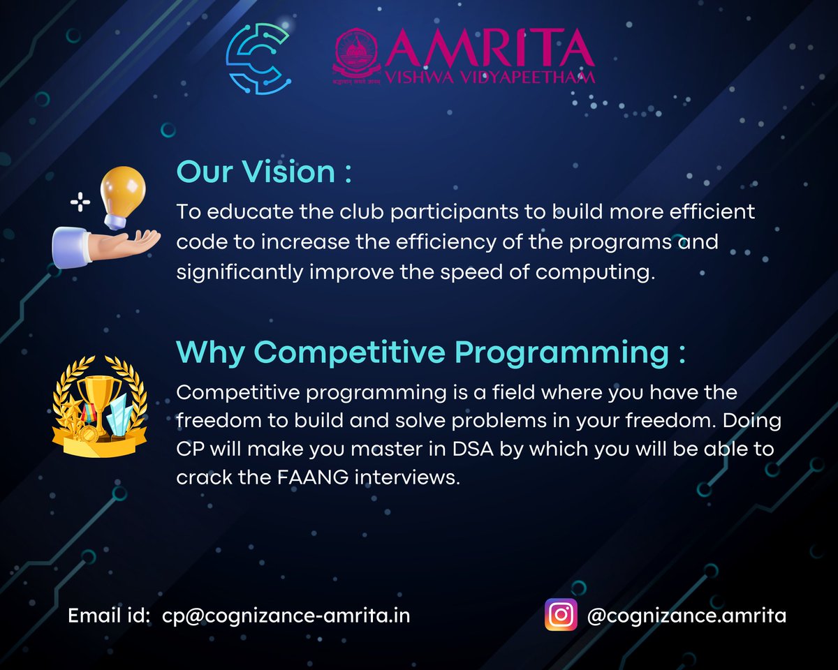 cognizance_chn's tweet photo. Introduction to the Competitive Programming domain of Cognizance.

#cognizanceamrita #amrita #amritavishwavidyapeetham #studentclub #competitiveprogamming https://t.co/Ctj9X3xPF5