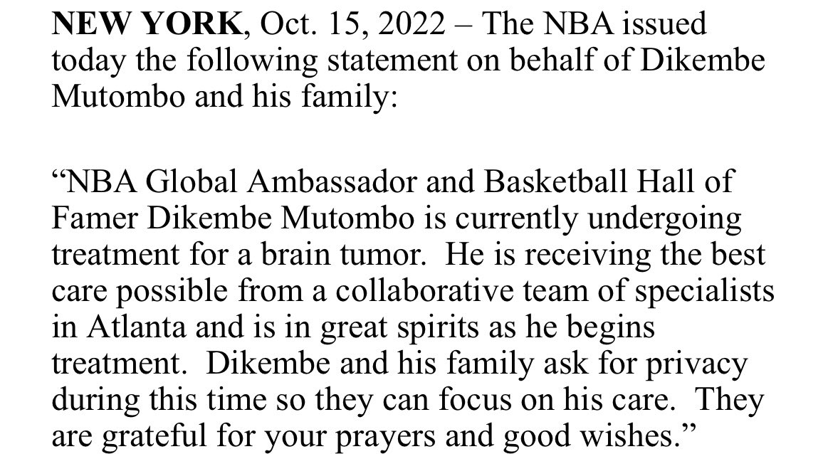 NBA Hall of Famer Dikembe Mutombo undergoing treatment for brain tumor