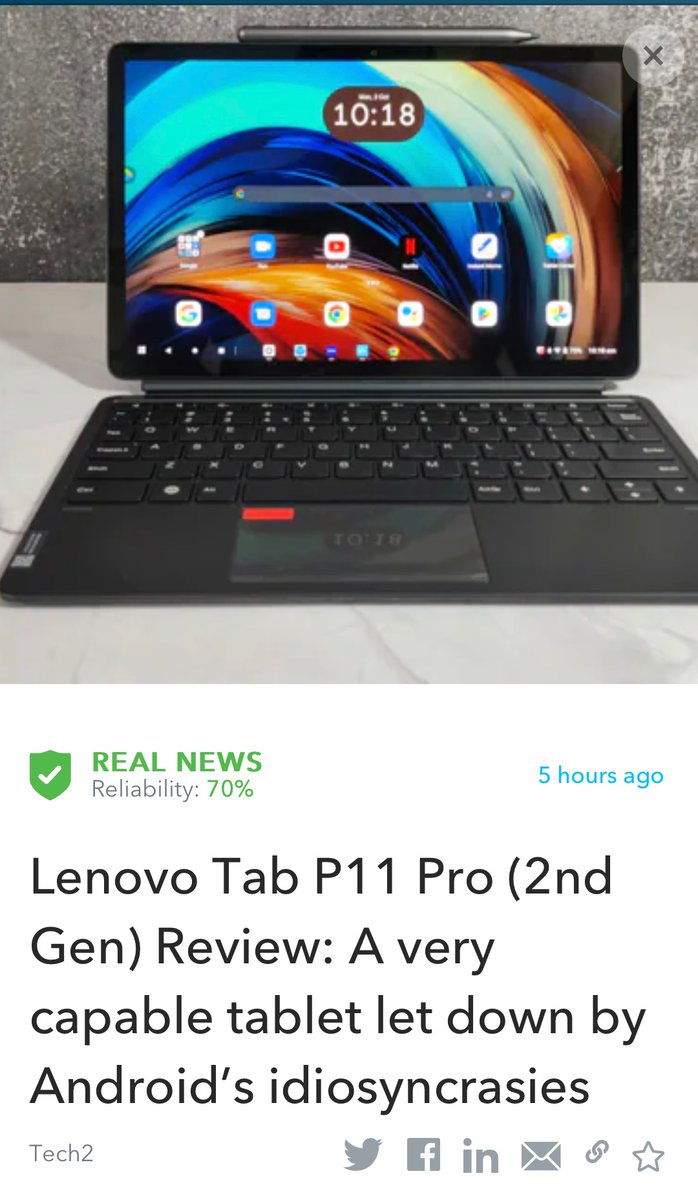 Oigetit_Tech's tweet photo. Lenovo Tab P11 Pro (2nd Gen) Review: A very capable tablet let down by Android’s idiosyncrasies
https://t.co/6V56Uj8rXP
Read more: https://t.co/fd2Y0u76T3
#fakenewsfilter #realnews #news #Lenovo #technology #tablet #android 
The article was fact checked by #oigetit! https://t.co/O5rk3P6tUd