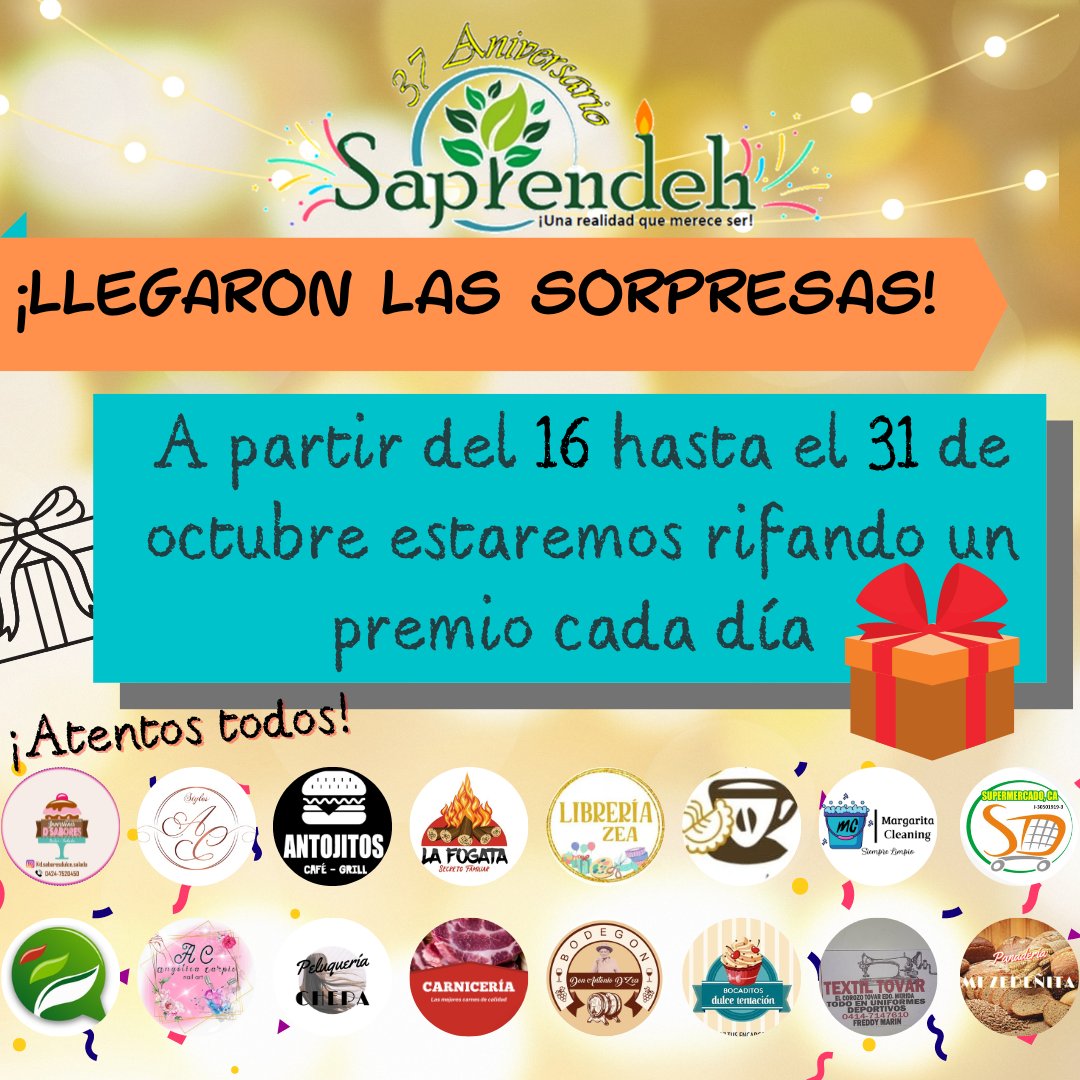 saprendeh's tweet photo. ¡Llegaron las sorpresas! 
Con motivo del mes aniversario estamos rifando premios especiales para nuestros seguidores, desde mañana 16 y hasta el 31 de octubre debes estar muy atento pues estaremos sorteando un premio cada día. 
¡Todos Atentos!
#Aniversasario37 #Saprendeh #Sorteo https://t.co/XoR62x99gR