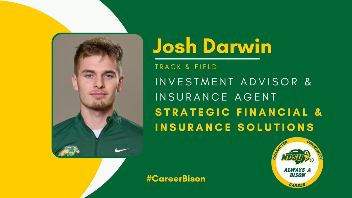 BisonAcademics's tweet photo. Josh Darwin from @NDSUTrackField studies Finance and has worked part-time as an investment advisor and insurance agent since July 2020! He uses his education and experience at his company to advise and manage client investment and retirement accounts! #FeatureFriday #CareerBison https://t.co/pXr7wGgQ5t